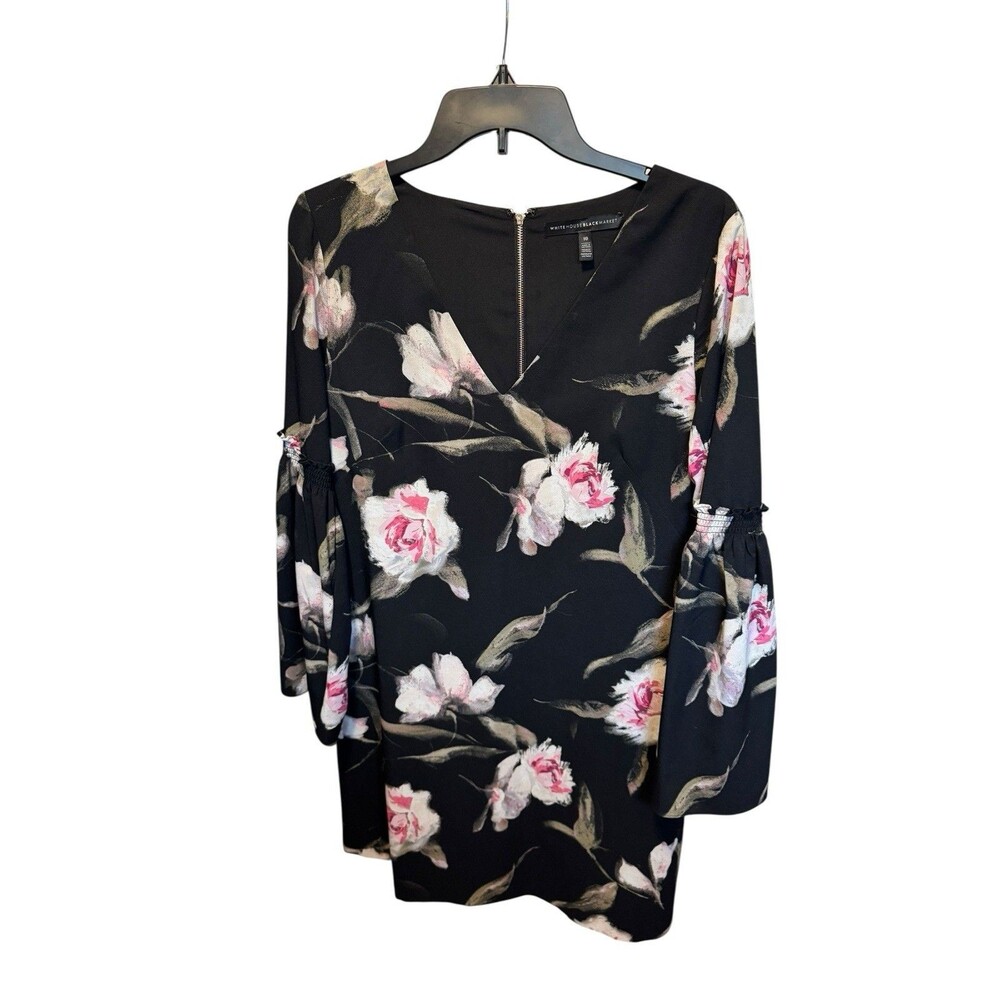 WHITE HOUSE BLACK MARKET Black Floral Dress Women's Sz 10 Zip Back V-neck WHBM